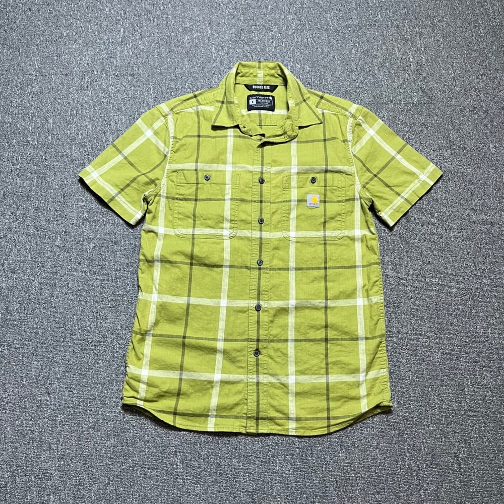 Carhartt Button Down Shirt Small Green Plaid Rugged Flex 105701 GC1 Relaxed Fit